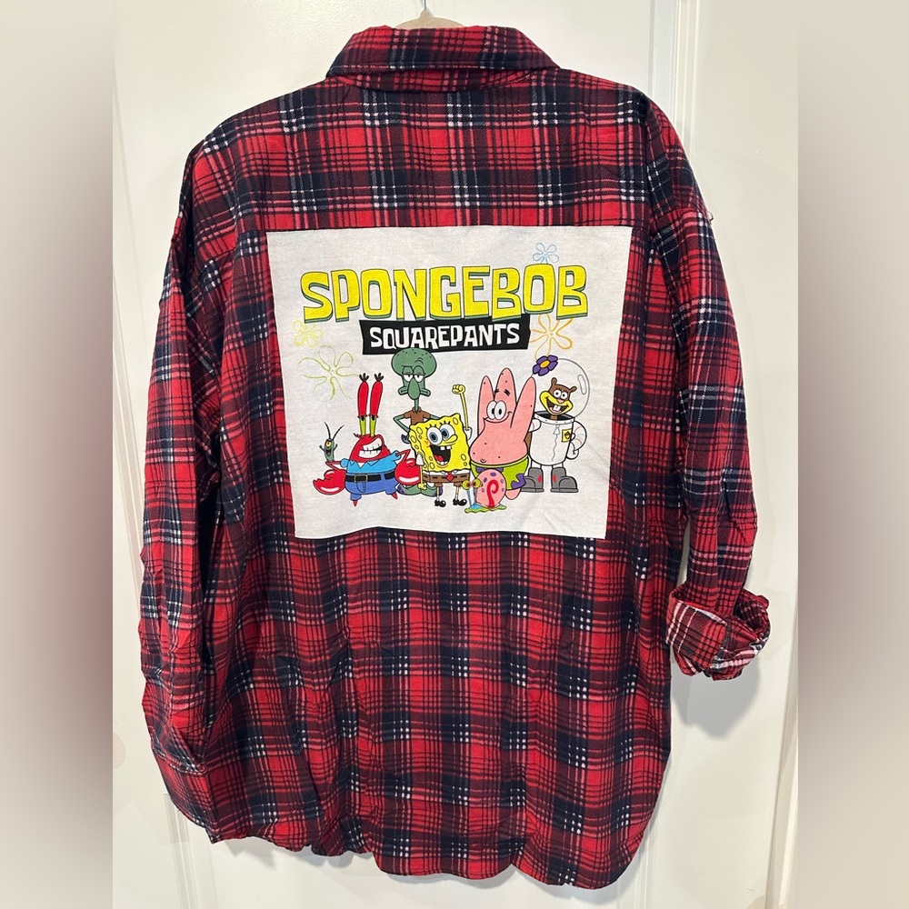 Sponge Bob Square pants n friends tshirt Upcycled flannel shirt 3XL